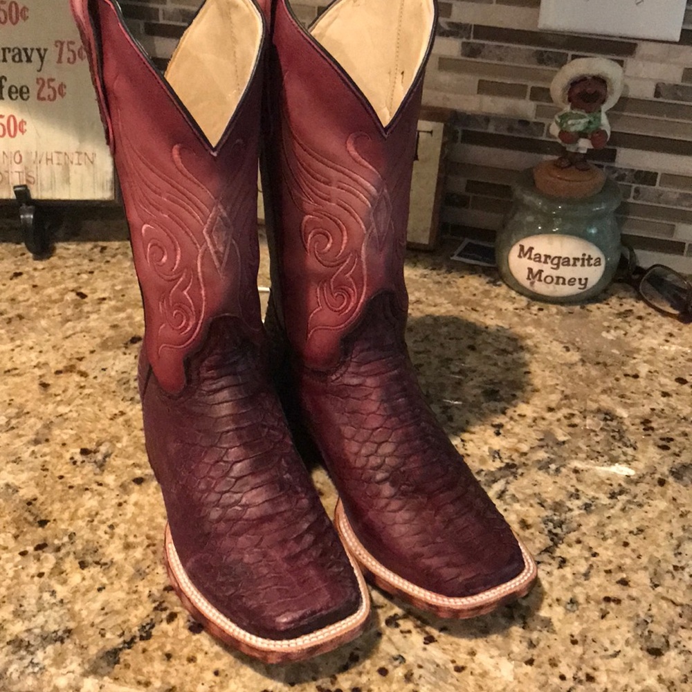 Cherry python square toes boots